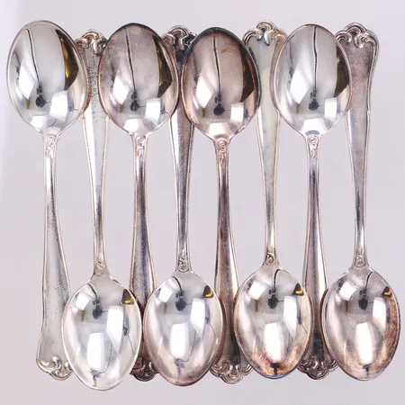 8 mockaskedar, längd 95mm, Mema, år 1957, 830/1000 silver Vikt: 63,6 g