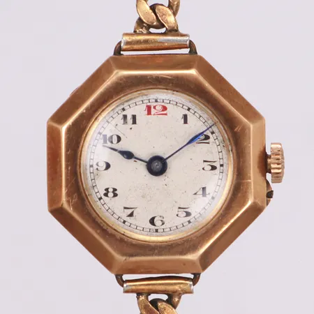 Damur, 14K, Ø26mm, manuell, boettnr 38163, klockarmband i guldfärgad metall, skadad/repig Vikt: 19,5 g