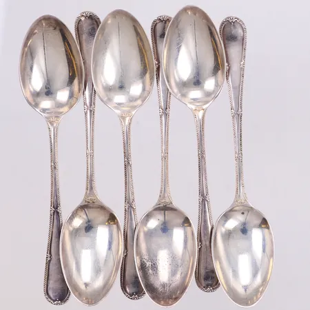 6 Kaffeskedar, längd 10cm, 830/1000 silver Vikt: 55,9 g