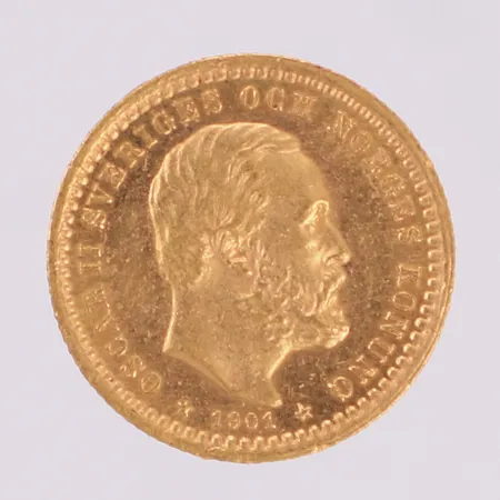 Guldmynt, 5 Kronor - Oscar II Sveriges och Norges Konung, Ø16mm, Sverige år 1901, räfflad kant, 21,6K Vikt: 2,2 g