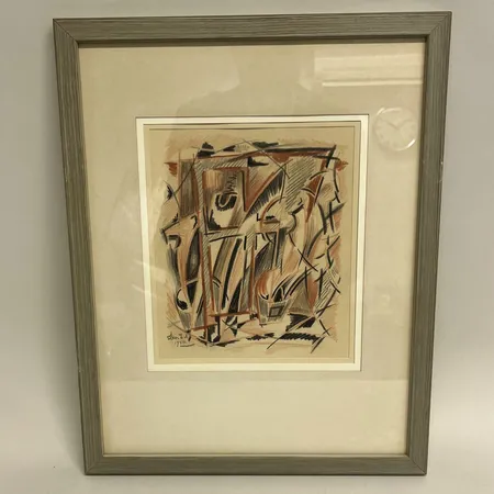 Tavla, Lars Englund. Komposition, tusch, bildmått: 21x17,5cm, rammått: 41x32cm, signerad och daterad 1950, ej examinerad ur ram OBS! Skickas ej. Specialfrakt, kontakta pantbankskontoret för mer information.
