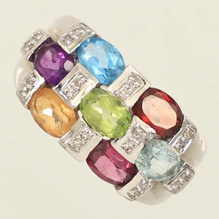 Ring med ametist, citrin, topas, peridot, rhodolit, granat och diamanter 20xca 0,005ct, stl 18, bredd: 2-11mm, vitguld, GHA, 18K  Vikt: 5,7 g