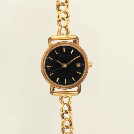 Damur Certina, doublé, quartz, 23mm, refnr EOL 111.2277.25A, datum, armband Bismarck 18K, längd 19cm, bredd 6,4mm, svaga länkdelar, går ej, behov av batteribyte, repigt glas, bruttovikt 24,3g, inga tillbehör. 
