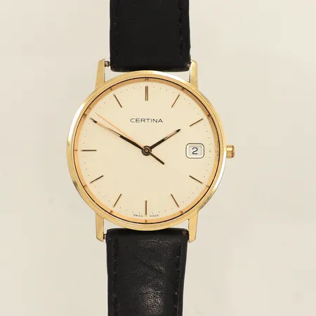 Herrur Certina 14K, quartz, 33,5mm, refnr EOL 158.9289.65, datum, går ej, behov av batteribyte, slitet läderarmband ej original, inga tillbehör. 