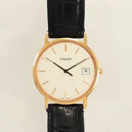 Herrur Tissot 14K, quartz, 33,5mm, datum, går ej, behov av batteribyte, gravyr, slitet läderarmband ej original, inga tillbehör. 