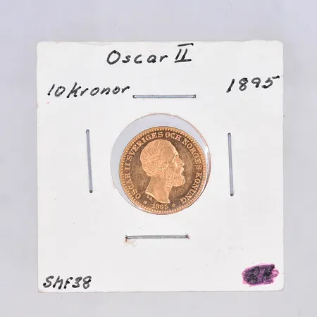 Mynt guldmynt, Ø19 mm, Oscar II, Sveriges och Norges konung, år 1895, plastficka, 21,6K. Vikt: 4,4 g