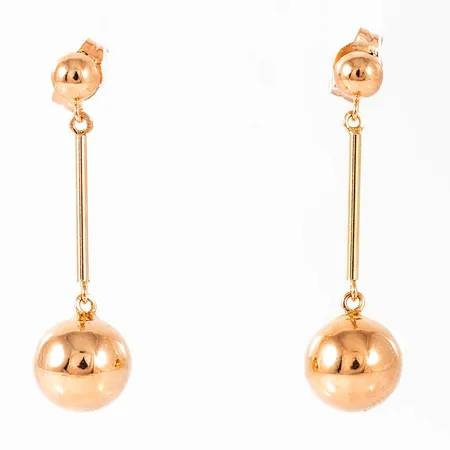 Örhängen i 18K guld: Hängande kula Ø 8 mm på stav. De är 29 mm långa, 8 mm breda och väger 1,4g. 