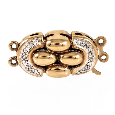Lås till dubbelradigt colliér i 14K guld, med 12 x 0,005ct åttkantslipade diamanter. Det är 10,5 x 19 mm och väger 3,1g. Stämplad 585.