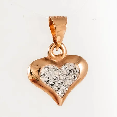 Hänge i 18K guld: Hjärta med strasstenar. Det är 9 mm brett, 13,5 mm långt inklusive ögla och väger 0,2g. Stämplad GHA, 750.
