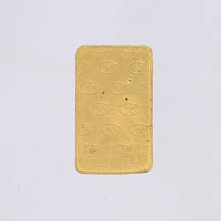 Guldtacka, Johnson Matthey, 25x15mm, slitage, borrhål, 24K Vikt: 10 g