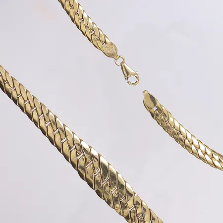 Halskedja doserad pansar, 45cm, bredd 7-14mm, ihålig, något bucklig, 18K Vikt: 33,1 g