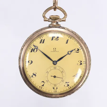 Fickur Omega, Ø49mm, manuell, liten sekundvisare, verknummer: 7272138, boettnummer: 8140290, boett samt klockkedja i metall, slitage, ej funktionstestad