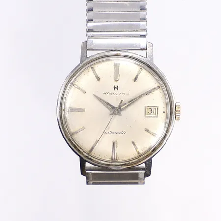 Herrur Hamilton, Ø34mm, automatisk, datum, utbytt krona, defekt går ej vid uppdrag, defekt flexlänk ej original