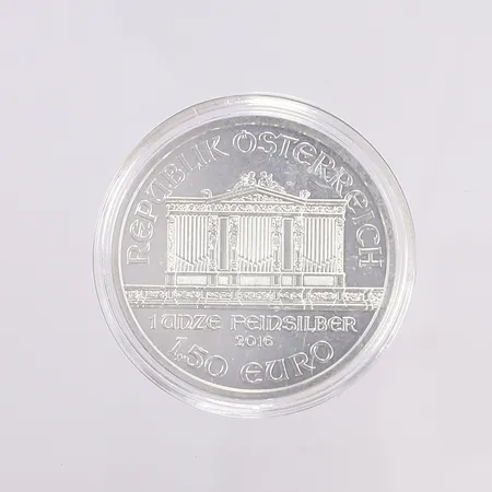 Silvermynt, Republik Österreich, 1 unze Feinsilber 2016, 1½ Euro, Wiener Philharmoniker, Ø37mm, i plastetui, silver 999/1000 Vikt: 31 g