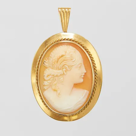 Hänge med snäckskalskamé, 47x29mm, svenska stämplar, litet nagg i guldramen, 18K Vikt: 7,4 g