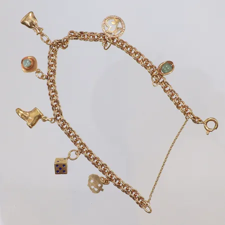 Armband med berlocker och säkerhetskedja, ca 19cm, bredd ca 5-20mm, 18K  Vikt: 9,7 g