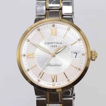 Damur Certina DS Stella Precidrive Ø31mm, med diamant-index, ref nr. C031210A snr. 6K2-MXZ-3NO, stållänk, datum, quartz, certifikat (daterat 2018), med box och ytterkartong