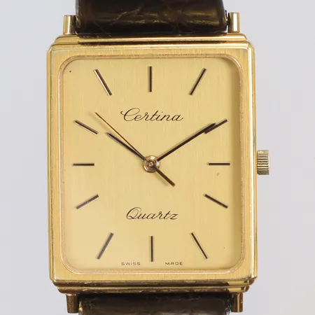 Herrur Certina 14K, 24x30mm, boett nr 110.0503/65DC, quartz (går ej, i behov av batteribyte), med läderband (visst slitage), guld i boett, bruttovikt 27g, med box 