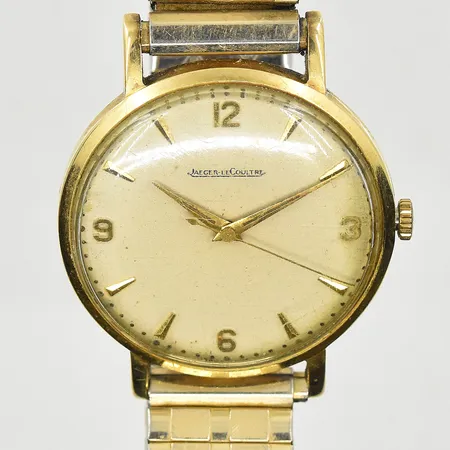 Herrur Jaeger-LeCoultre 14K, boett Ø35 mm, manuell, graverad bakboett med årtal 1959, fungerade vid testtillfället, flexband i doublé, bruttovikt 62,2g.