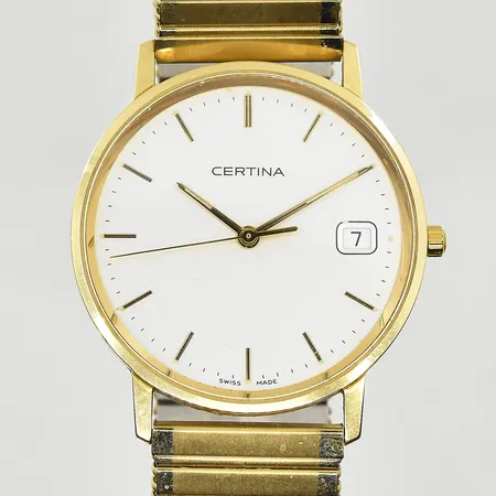 Herrur Certina 14K, boett Ø34 mm, quartz, datum, EOL 158.9289.65, graverad bakboett, flexband i doublé, behov av batteribyte, bruttovikt 45,5g.
