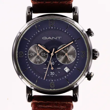 Herrur Gant GT007, stål, quartz, Ø42mm, blå urtavla,  kronograf, datum, brunt läderband original, 26cm, box saknar kudde.