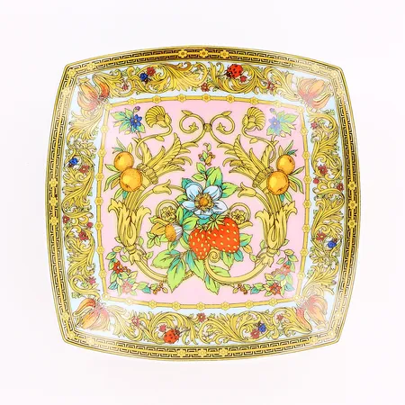 Fat 11,3x11,3cm, Versace, motiv med blommor och jordgubbar, Le Jardin de Versace, Rosenthal, originalkartong.