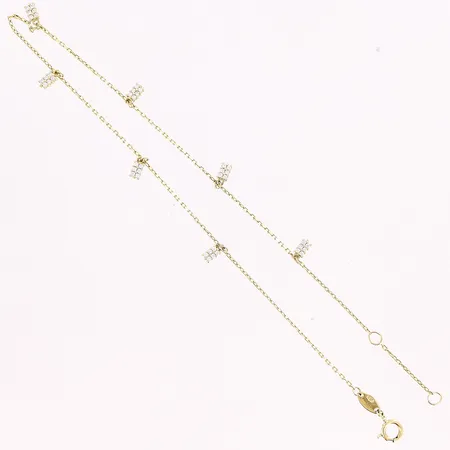 Vristlänk, 23/25,5cm, berlocker med vita stenar, defekt lås, 14K Vikt: 1,9 g