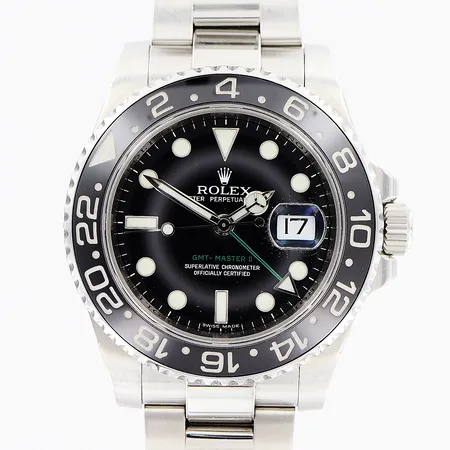Herrur Rolex GMT-Master II, stål, automatisk, Ø40mm, svart urtavla, modell 116710LN, caliber 3186, verk nr 31734549, boett nr 2360, serie nr M432716, Oyster stållänk 20,5cm, certifikat Bergströms April 2008 Malmö, inga övriga tillbehör.