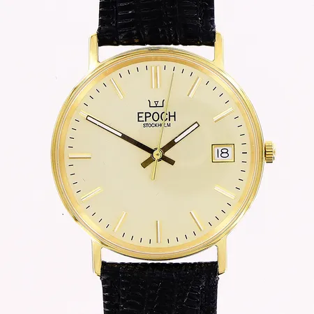 Herrur Epoch Stockholm, 18K, quartz, Ø34mm, datum, sekundvisare, original läderband 24cm, folder/garanti Oktober 2023 Huke, rist nr 1299-163694, oanvänd, i behov av batteribyte, bruttovikt 30,9g, etui.