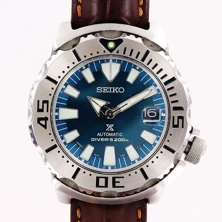Herrur Seiko Prospex, stål, automatisk, Ø42mm, blågrön urtavla, datum, sekundvisare, ref nr 6R15-02X0, serie nr 810523, brunt läderband Hirch, 24cm, inga tillbehör.