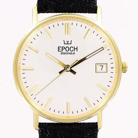 Herrur Epoch Stockholm, 18K, quartz, Ø34mm, svart läderband 24cm, oanvänd, i etui.