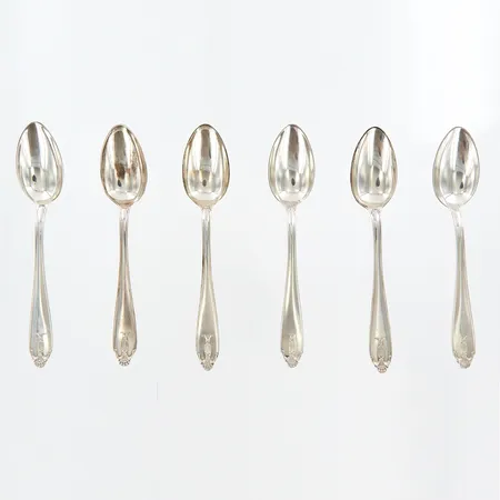 Sex teskedar, modell Vasa, Guldsmedsaktiebolaget I Stockholm 1940, silver   Vikt: 112,9 g