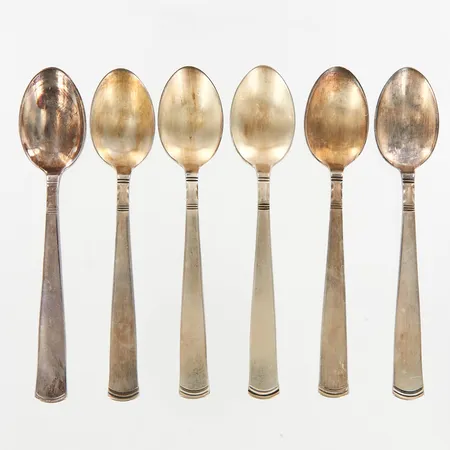 Sex kaffeskedar, modell Rosenholm, Guldsmedsaktiebolaget I Stockholm 1967, silver  Vikt: 68,5 g