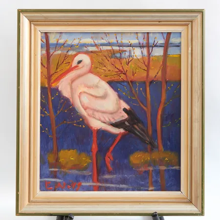 Tavla, olja på pannå, Ernst Norlind, storkmotiv, monogramsignerad E.N 45, bildmått ca 40x45cm, rammått ca 51x56cm. Skickas med postpaket.