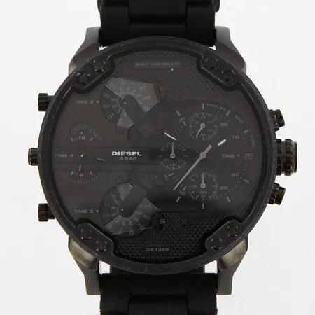 Herrur Diesel DZ-7396, quartz, Ø55mm, svart gummi/stål, länkmått ca 18,5cm, med box och ej ifyllt cert, batteribyte