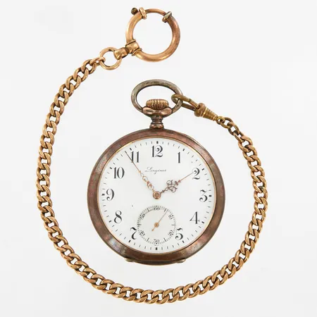 Fickur Longines, manuell, liten sekundvisare, Ø51 mm, boett nr 3426781, fungerar vid testtillfället, silver 800/1000. Klockkedja i metall.  Vikt: 98,4 g