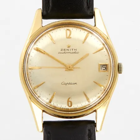 Herrur Zenith Captain, automatisk, Ø34mm, guld på stål, 1960-tal, tickar, skramlande ljud från insida, läderarmband ej original, 