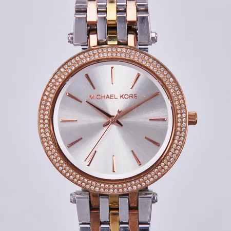 Damur Michael Kors, MK-3203, referensnr: 741511, Ø ca 39mm, quartz, går ej, batteribyte krävs, rosé, gul och stålfärgad metall, inga tillbehör 