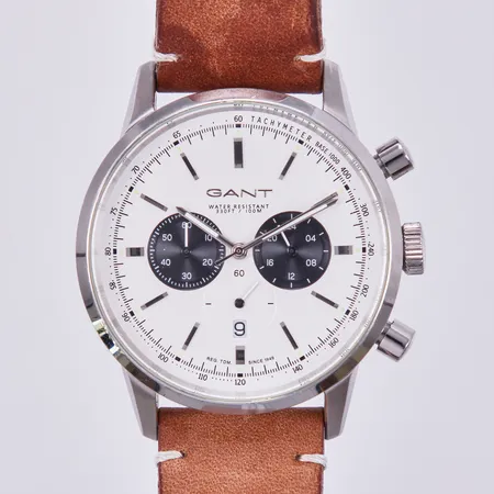 Herrur Gant Bradford, quartz, kronograf, Ø ca 47mm, ref: GT064, datum, stål, repig boett, läderarmband med viklås, slitet armband/repigt lås,  inga tillbehör 