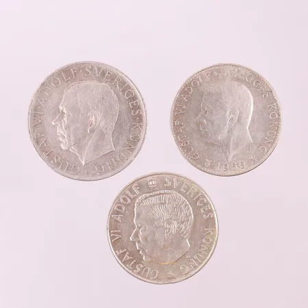 3 Mynt, Gustaf VI Adolf Svergies konung, 5kr, 1952, 1955, 1959. 400/1000 silver 59,3g 