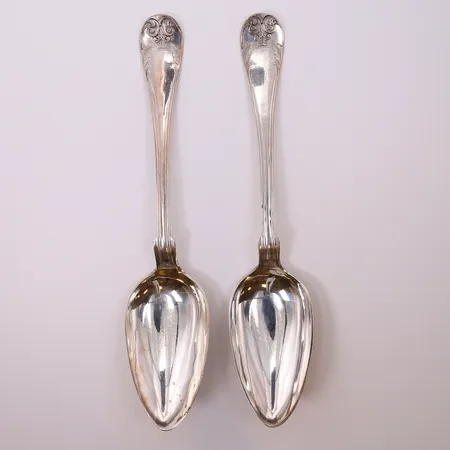 2 Skedar, längd 22cm, J.G Lock, 1895, 1896, gravyr. 830/1000 silver  Vikt: 105,5 g