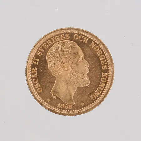 Mynt, 20 Kronor, Oscar II, Kung av Sverige och Norge, 1885, ca Ø23mm, 21,6K guld, med träetui.  Vikt: 8,9 g