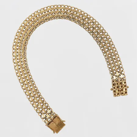 Armband, X-länk, Bröderna Hedens Guldateljé, Stockholm år 1963, längd: 19 cm, bredd: 10,5 mm, 18K guld. Vikt: 15,9 g