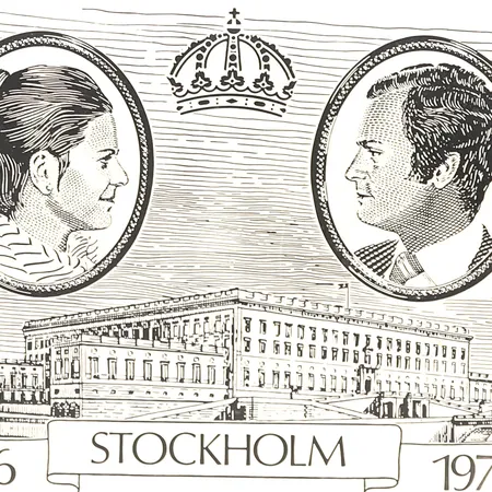  Plakett, uppmonterad på ram, 19/6-1976 Konungen och Drottningens Giftemål, Plakettens yta: ca 18x23cm, Utfärdad av Guldfynd AB, numrerad  0110/2500, 925/1000 silver, enligt etikett vikt: 88g.