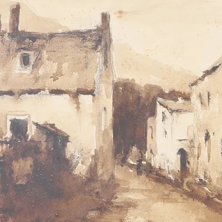 Tavla, Ferenc Várdeák, blandteknik på papper, signerad, stadslandskap, dagmått ca 23x25 cm, fläckar, gulnad, ej examinerad ur ram.  Skickas med paket.