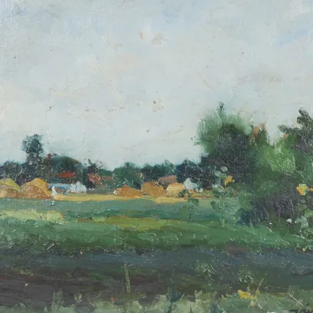 Tavla, Ferenc Várdeák, olja på pannå, signerad, landskap med hus, ca 22x31cm, ytsmuts, fläckar, Skickas med postpaket.