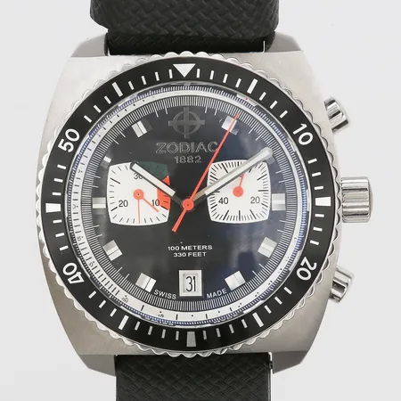 Herrur Zodiac Sea Dragon 1882, stål, quartz, limiterad till 1000, Ø42mm, batteribyte krävs, manual, box, fint skick.