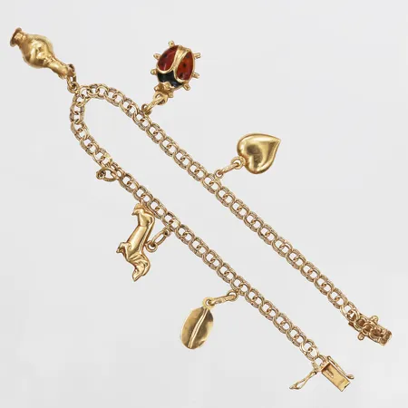 Berlockarmband, Bismarck, längd: 18,5 cm, bredd: 3 - 25 mm, en berlock saknas, 18K guld. Vikt: 8,9 g
