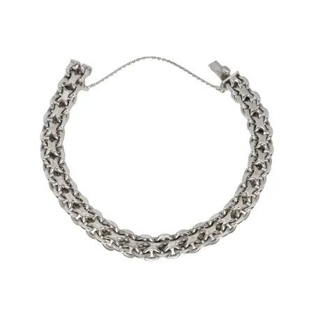 Armband X-länk, silver 830/1000, inre mått 17,5 cm, bredd 9 mm, tjocklek 3,5 mm, säkerhetskedja, kontrollstämpel, fint använt skick   Vikt: 27,8 g