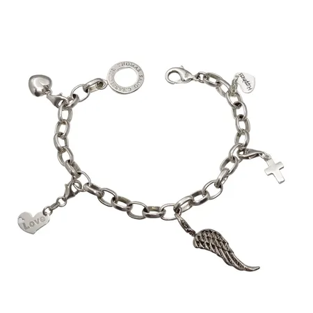 Armband, silver 925/1000, THOMAS SABO CHARM CLUB, längd 19,5 cm (total längd inkl. avslutande charm 21,5 cm), länkens bredd 7 mm, fyra stycken charms/berlocker i varierande mått, flertalet ej stämplade Thomas Sabo   Vikt: 21,2 g